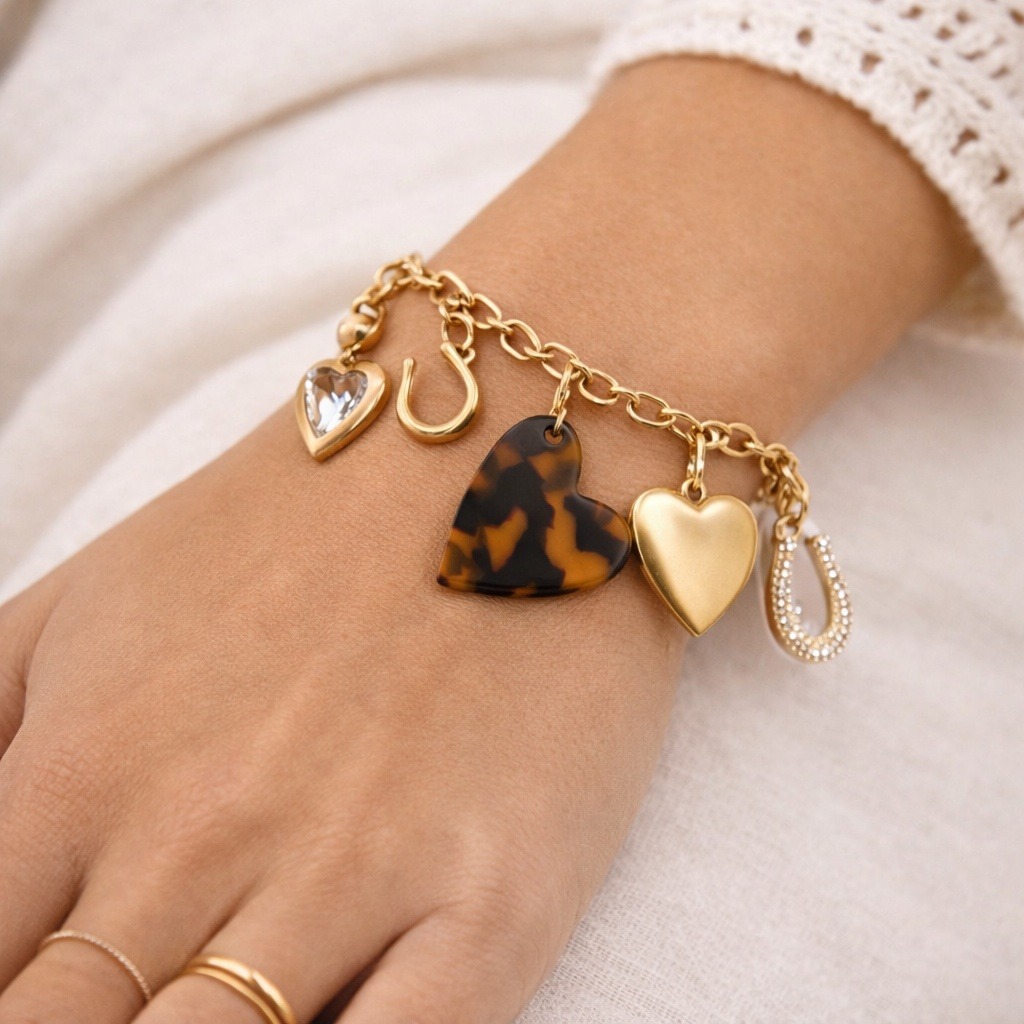 JCrew Gold Tone Removable Charm Bracelet Horseshoe Heart Tortoise Equestrian 30$